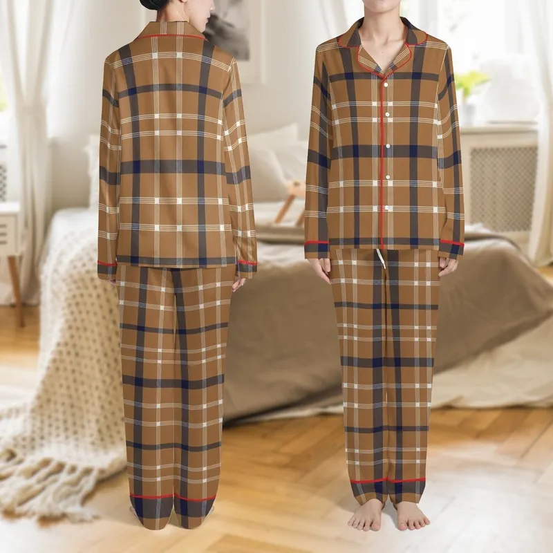 Men's Rustic Tartan Plaid Pajamas: Caramel & Navy Grid Loungewear Satin Pajamas Set - 1