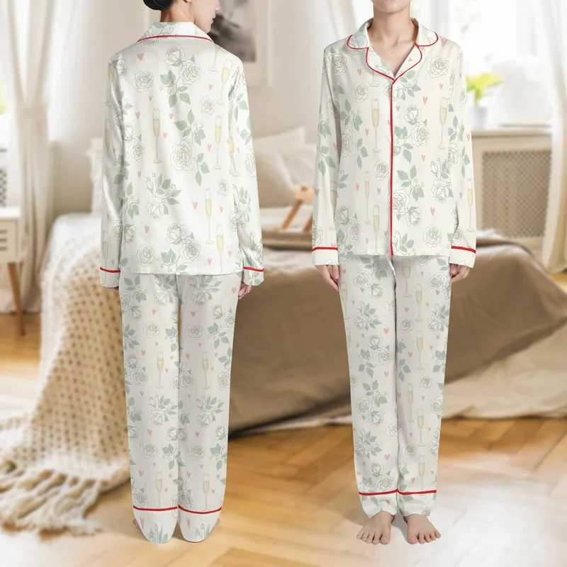 Personalized Bridesmaid Luxury Long Satin Sleep Set: White Rose, Sage Leaf & Champagne Flute Design Satin Pajamas Set - 1