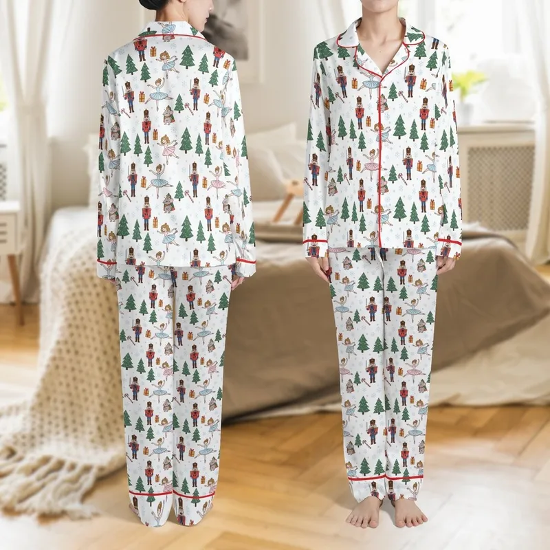 Family Kids Whimsical Nutcracker Ballet Pink Fairy & Mouse King Character Pattern Cozy Loungewear Set Satin Pajamas Set - 1