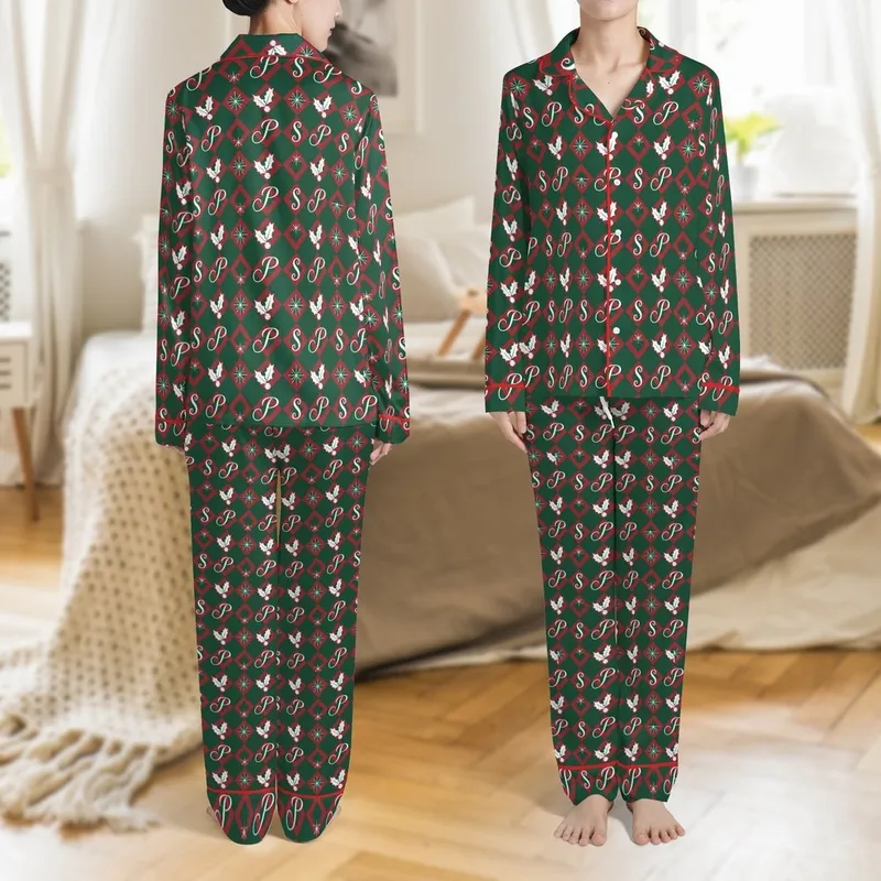 Matching Family Personalized Christmas Satin Pajamas: Crimson Emerald Geometric Initial Pattern Satin Pajamas Set - 1