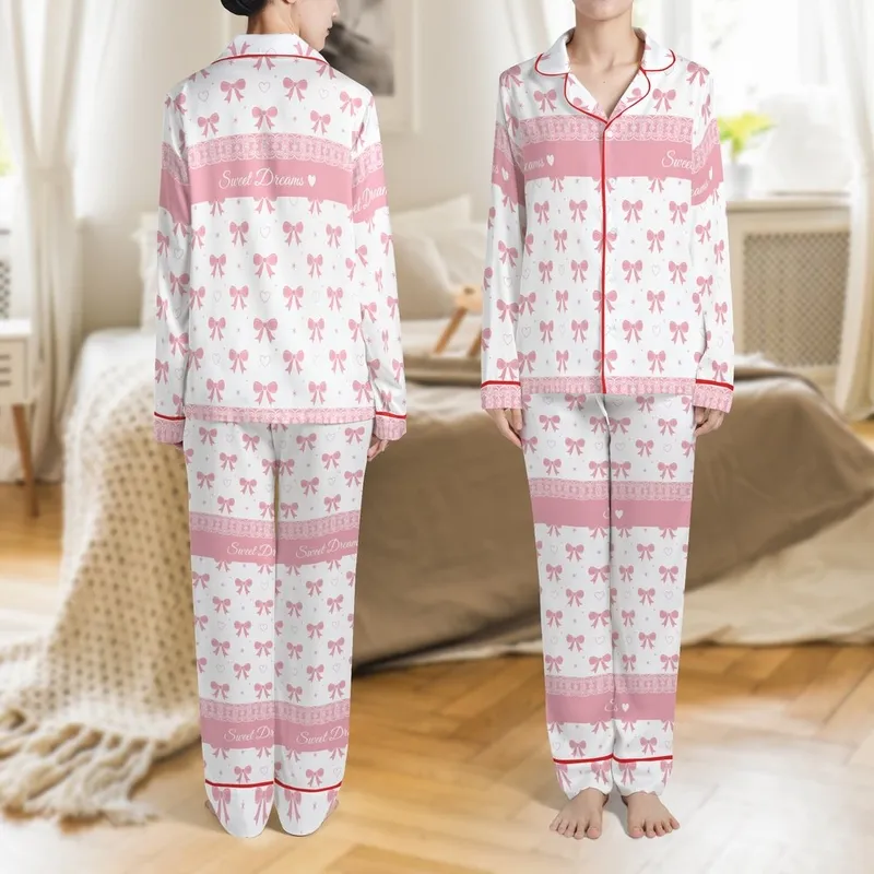 Personalized Gift for Her: Pink Bow, Sweet Dreams Script & Lace Trim Polyester Shower Curtain Satin Pajamas Set - 1