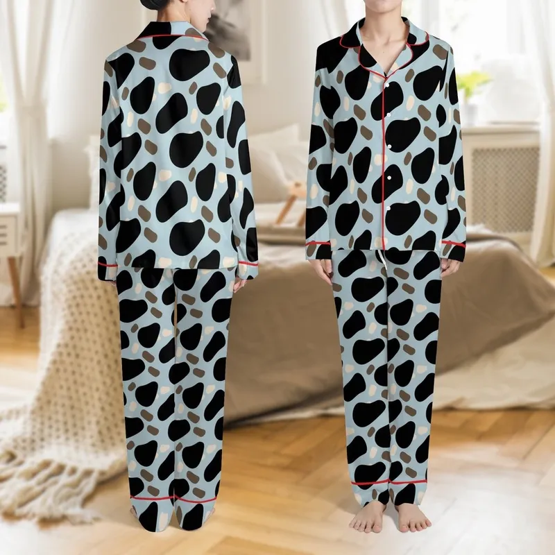 Women's Cerulean & Black Blob Pattern Minimalist Organic Cotton Sateen Custom Fit Loungewear Satin Pajamas Set - 1