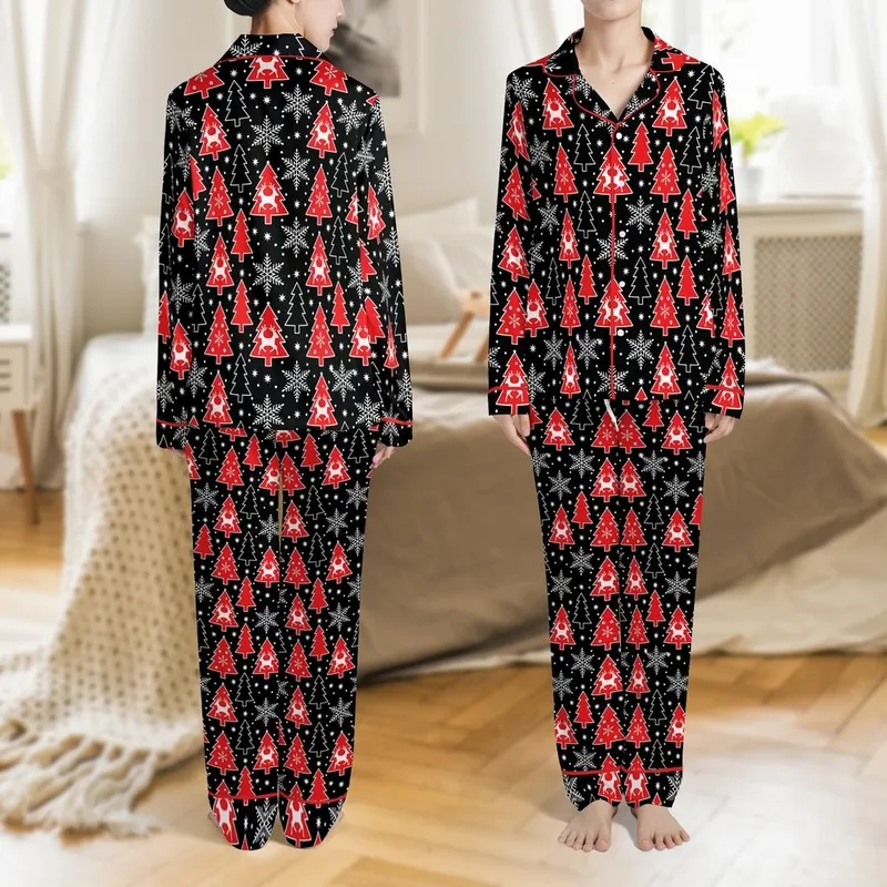 Family Matching Holiday Pajamas: Black & Red Vector Christmas Tree, Snowflake, Reindeer Pattern Satin Pajamas Set - KSLFATFOQ1
