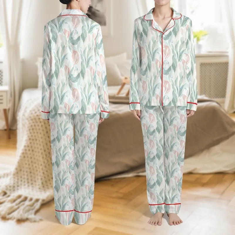 Men's Sage Green Organic Abstract Softened Linen Pajama Set - Watercolor Botanical Print Satin Pajamas Set - 1