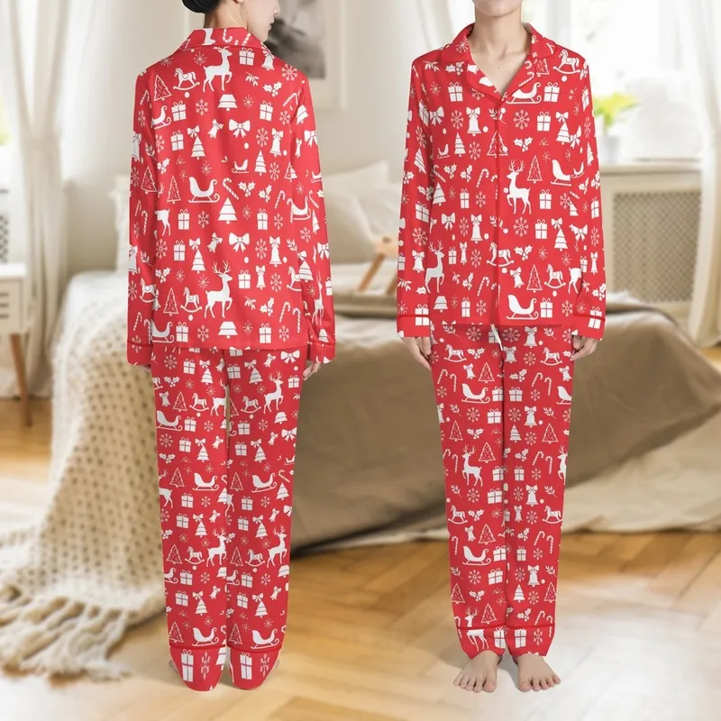Women's Satin Holiday Sleep Set: Cherry Red Reindeer & Sleigh Seamless Pattern - Festive Cozy Loungewear Satin Pajamas Set - 1