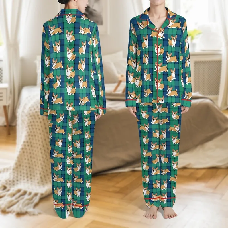 Men's Pembroke Welsh Corgi Pajama: Funny Green Plaid Dog Lover Loungewear Gift Satin Pajamas Set - 1