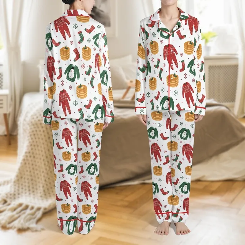 Festive Family Pajamas: Whimsical Pancakes & Holiday Sleepwear Pattern - Cozy Christmas Set Satin Pajamas Set - 1