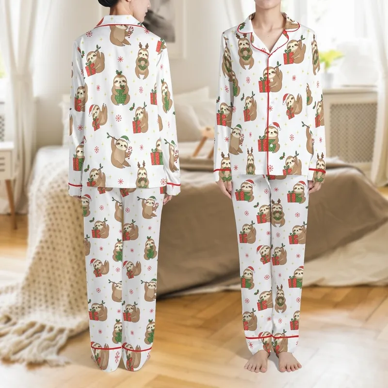 Family Christmas Sloth Polyester Spandex Sleep Set: Women's & Kids' Santa Hat & Elf Pattern Satin Pajamas Set - 1