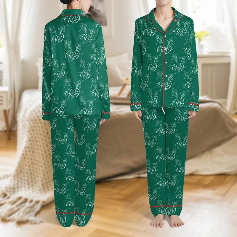 Bridesmaid Emerald Green Satin Sleep Set: White Script Initials, Champagne & Floral Pattern Satin Pajamas Set - 1