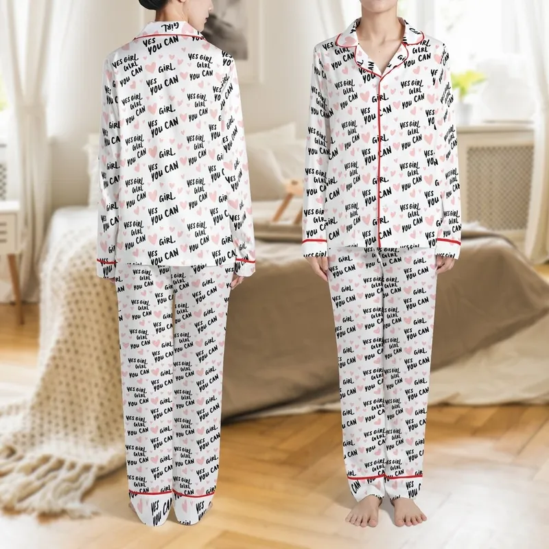 Empowering Women's Pajamas: 'Yes Girl You Can' Brush Script & Pink Heart Pattern Satin Pajamas Set - 1