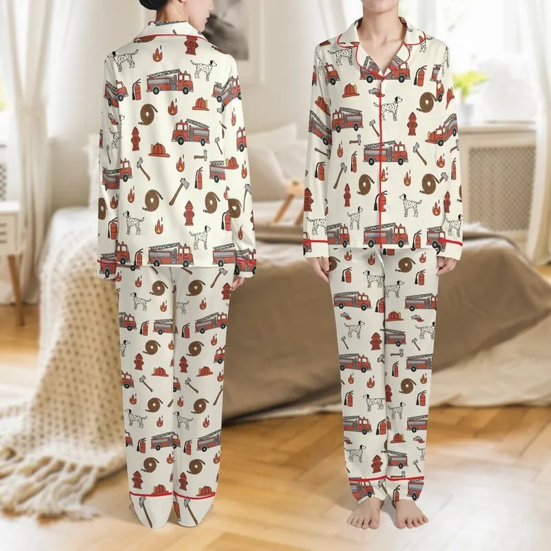Toddler & Kids Unisex Firehouse Friends Hand-Drawn Rusty Red Firetruck Dalmatian Bamboo Pajamas Satin Pajamas Set - 1
