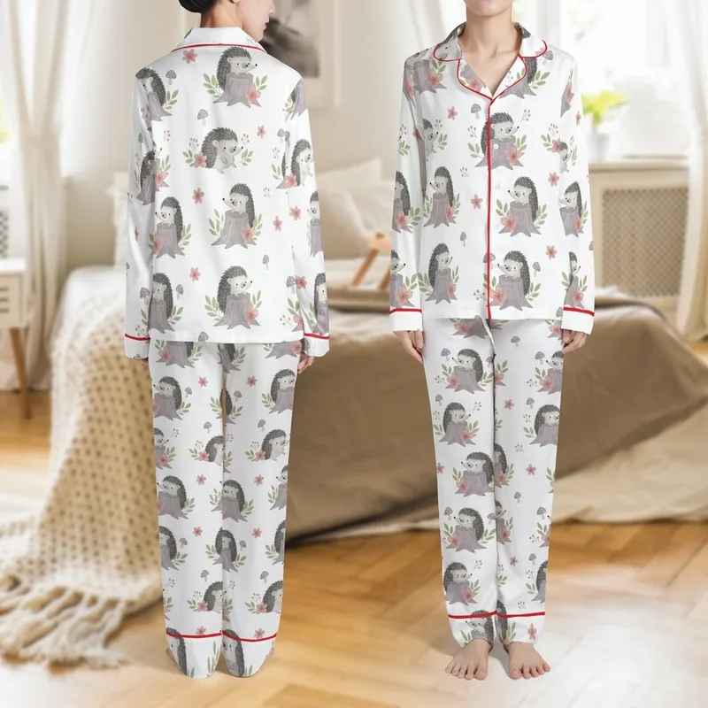 Kids' Whimsical Watercolor Hedgehog Woodland Print Long Sleeve Cotton Pajamas Satin Pajamas Set - 1