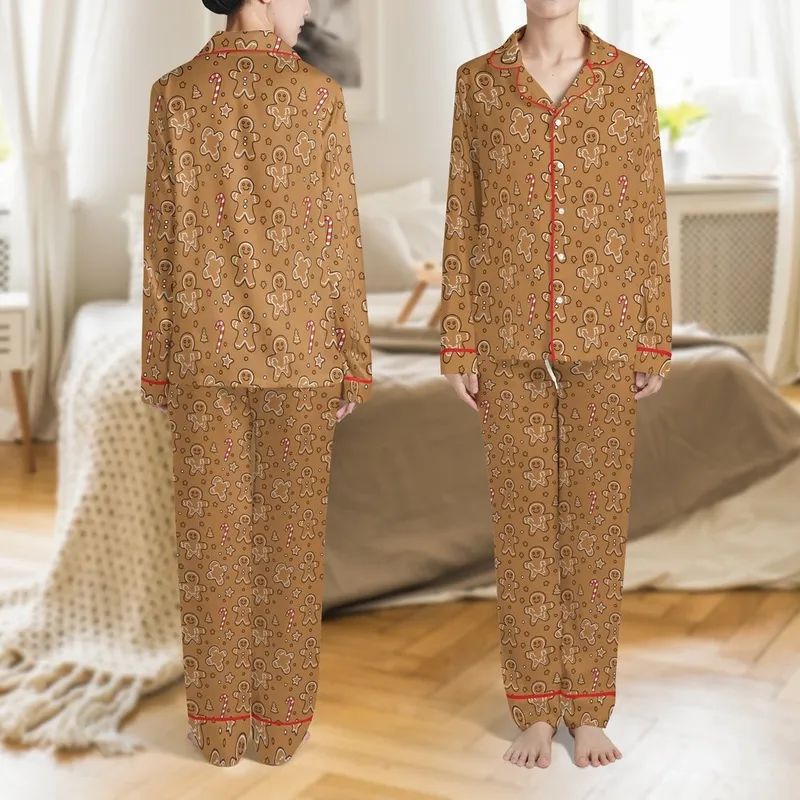 Festive Gingerbread Men & Candy Cane Pajamas: Cartoony Cookie & Tree Poly-Spandex Set Satin Pajamas Set - 1