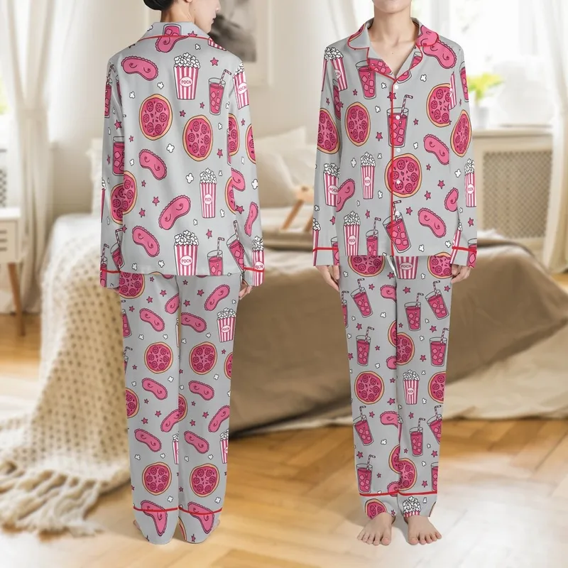 Girls' Hot Pink Pizza Popcorn Pajamas: Illustrated Slumber Sleep Mask Pattern Satin Pajamas Set - 1
