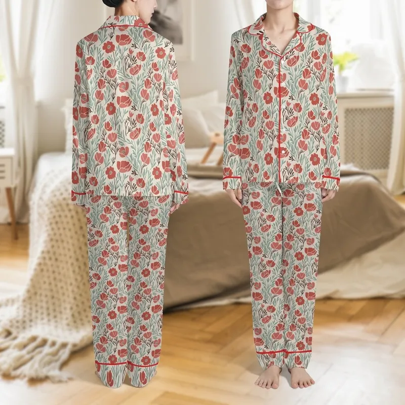 Designers' Pajama Mockup: Winter Botanical Rose & Terracotta Floral PNG PSD Satin Pajamas Set - 1