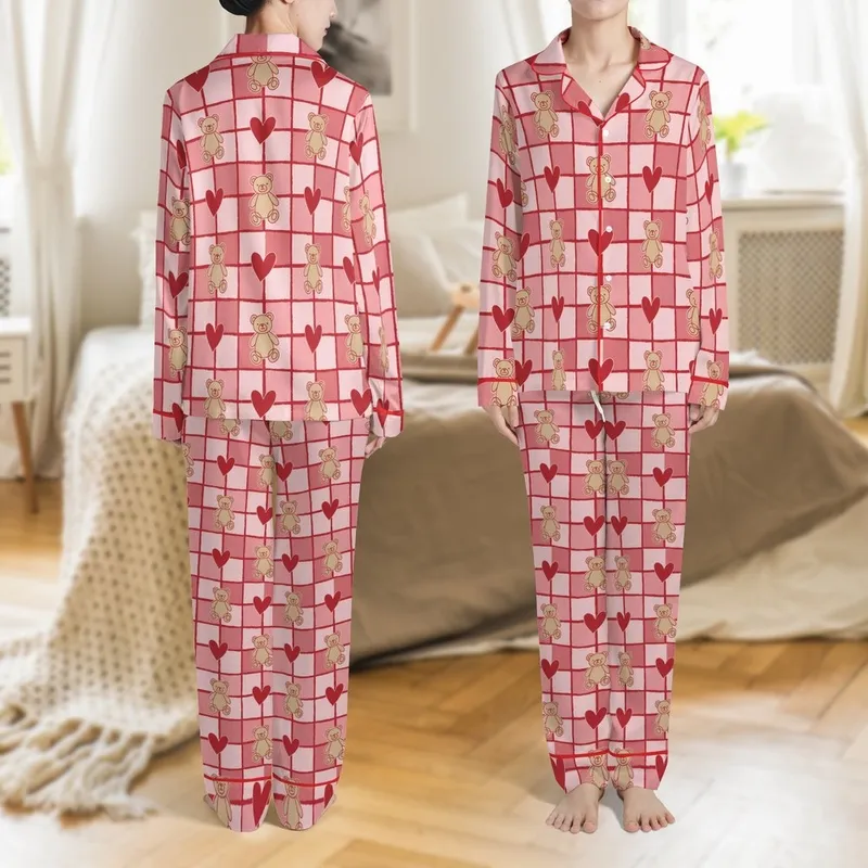Family Christmas Pajamas: Hand-Drawn Teddy Bear Heart Checkerboard Pattern - Red Pink Long Sleepwear Set Satin Pajamas Set - 1