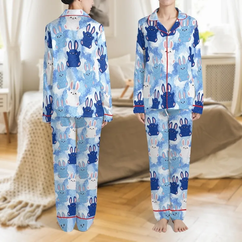 Playful Amigurumi Bunny Pajamas: Seamless Blue & White Crochet Knit Pattern Sleep Set Satin Pajamas Set - 1