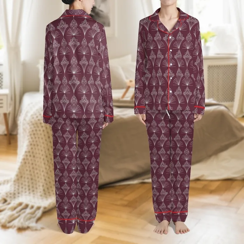 Personalized Bridesmaid Satin Pajamas: Burgundy Art Deco Geometric Design Satin Pajamas Set - 1