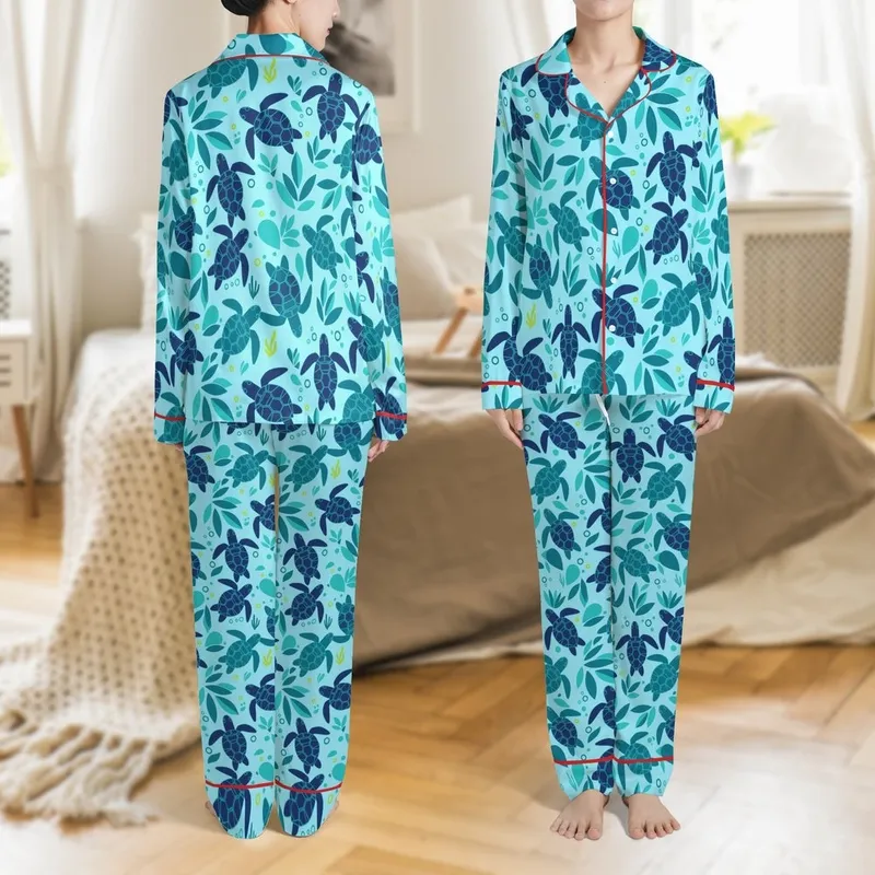 Family Matching Summer Deep Navy Turquoise Geometric Sea Turtle Cotton Pajamas Satin Pajamas Set - 1