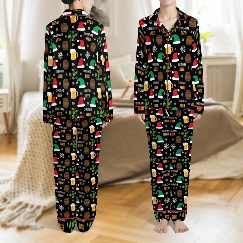 Beer Lover's Festive Ugly Sweater Beer Mug & Santa Hat All-Over Print Christmas Pajamas Set Satin Pajamas Set - 1