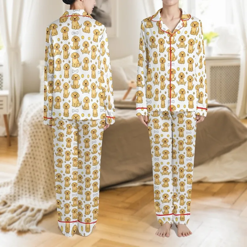 Golden Retriever Christmas Pajamas: Cute Cartoon Dog Mom Dad Print - Soft Stretch Sleep Set Satin Pajamas Set - 1