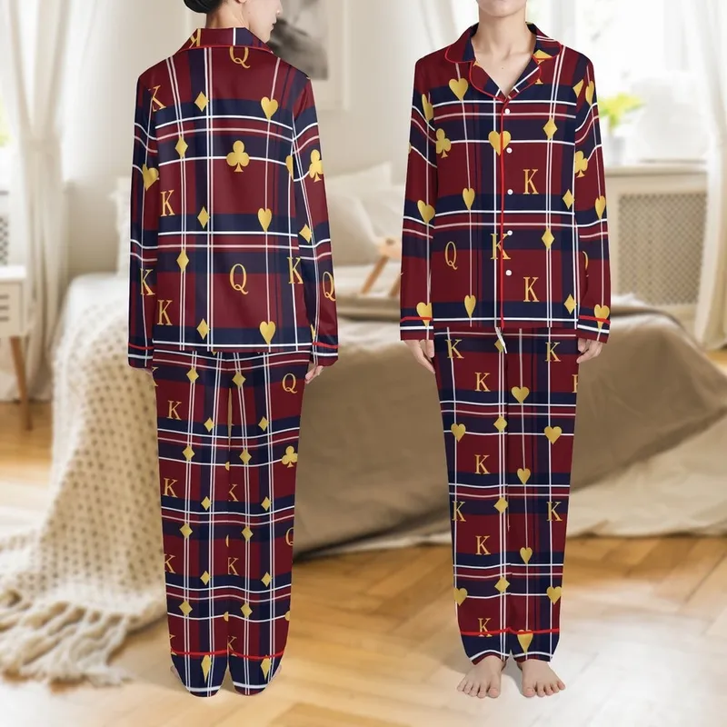 King & Queen Couples Metallic Gold Red Navy Tartan Flannel Sleep Set - Valentine's Gift Satin Pajamas Set - 1