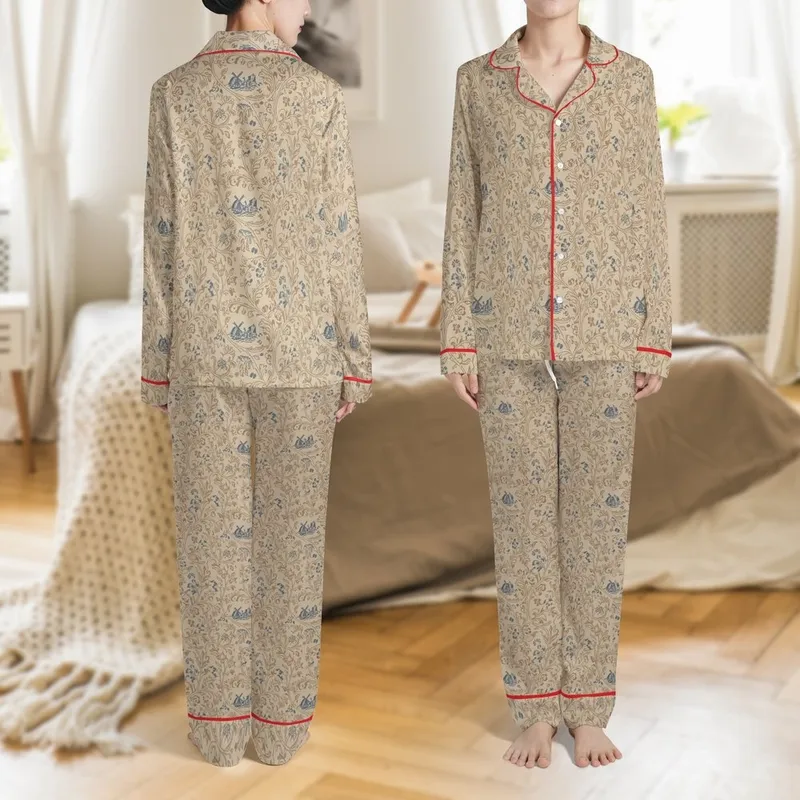 Earth Tone Loungewear: Delicate Toile Floral Vines & Delft Accents - Bamboo Cotton Pajama Set Satin Pajamas Set - 1