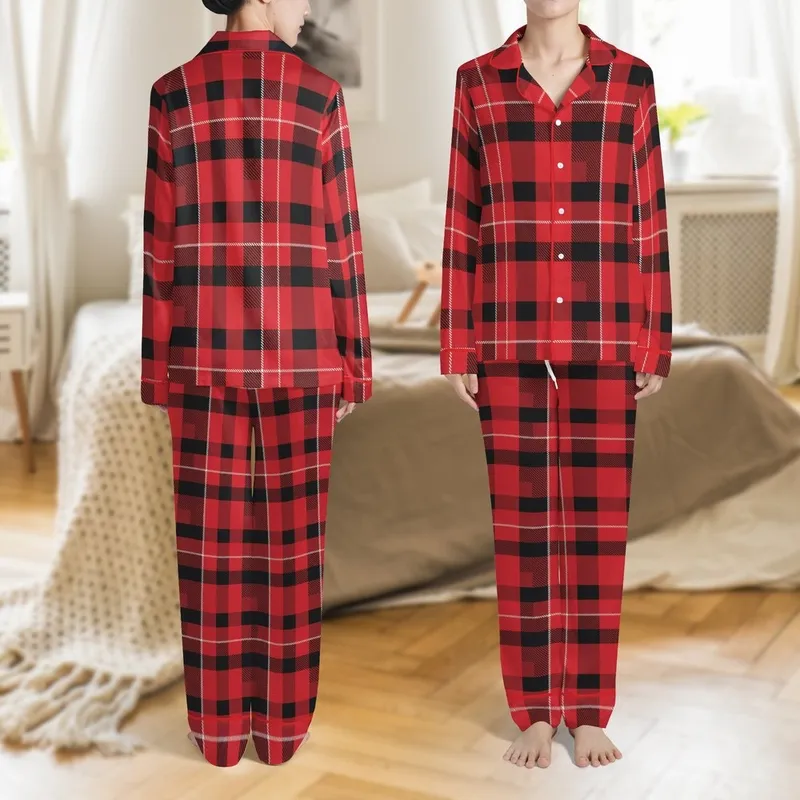 Adult Long Johns Pattern: Classic Red Black Tartan Plaid Union Suit Design with Back Flap Satin Pajamas Set - 1