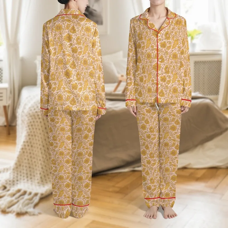 Women's Peachy-Pink Golden Yellow Rustic Indian Block Print Botanical Floral Pattern Satin Pajamas Set - 1