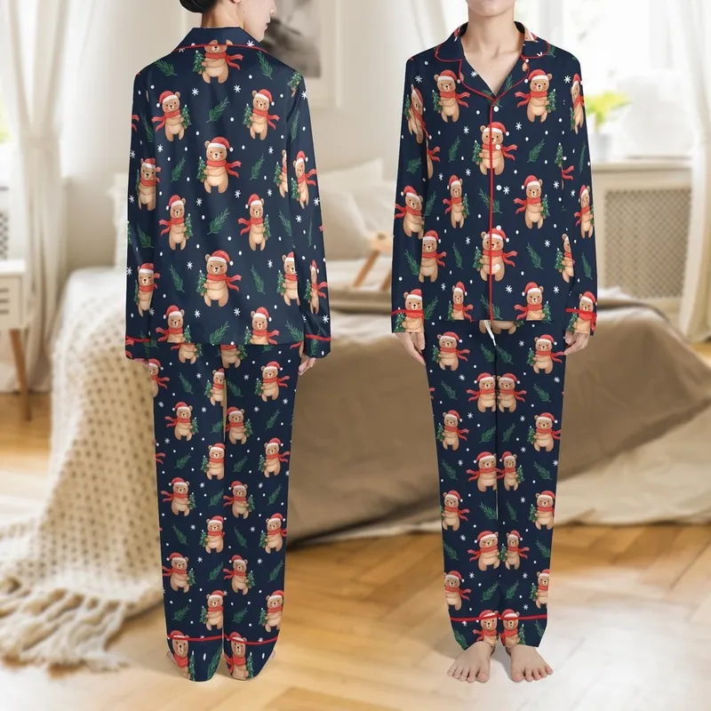 Holiday Enthusiasts' Whimsical Watercolor Christmas Bears Festive Red Santa Hats Navy Green Snowflake Pattern Satin Pajamas Set - 1