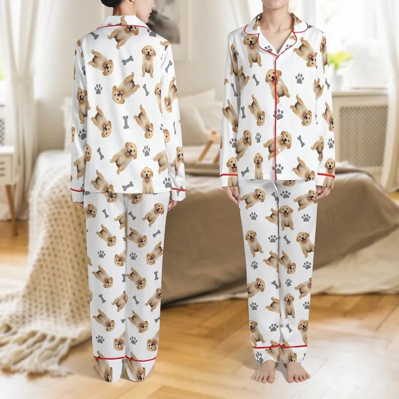 Dog Lovers' Whimsical Golden Retriever Puppies Warm Fur Grey Bones White Scattered Pattern Satin Pajamas Set - 1