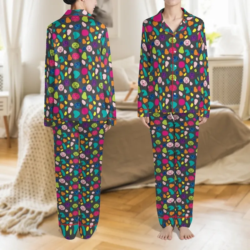 Vizsla Lover Cheerful Dog Pattern: Vibrant Fuchsia Teal Blobs, Heads & Paws Satin Pajamas Set - 1