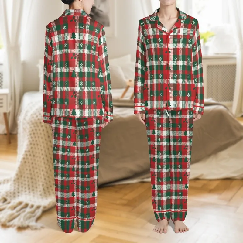Family Holiday Traditional Christmas Tartan Plaid Forest Green Red White Holly Snowflake Design Satin Pajamas Set - 1