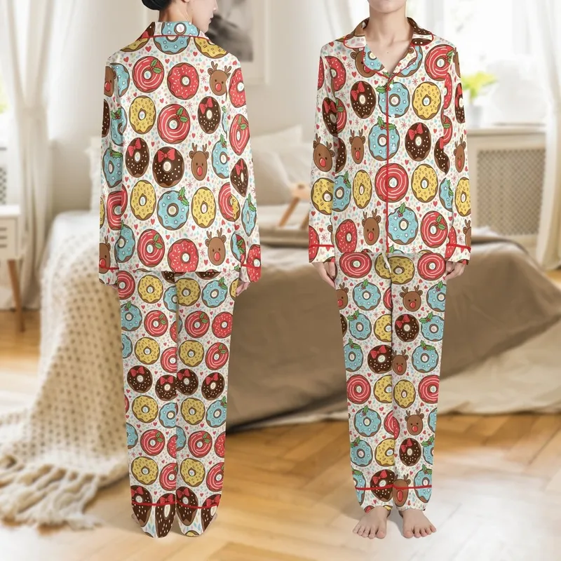 Holiday Enthusiasts' Whimsical Flat Graphic Christmas Donut Pattern: Reindeer, Red, Blue, Yellow Frosted with Sprinkles & Holly Satin Pajamas Set - 1