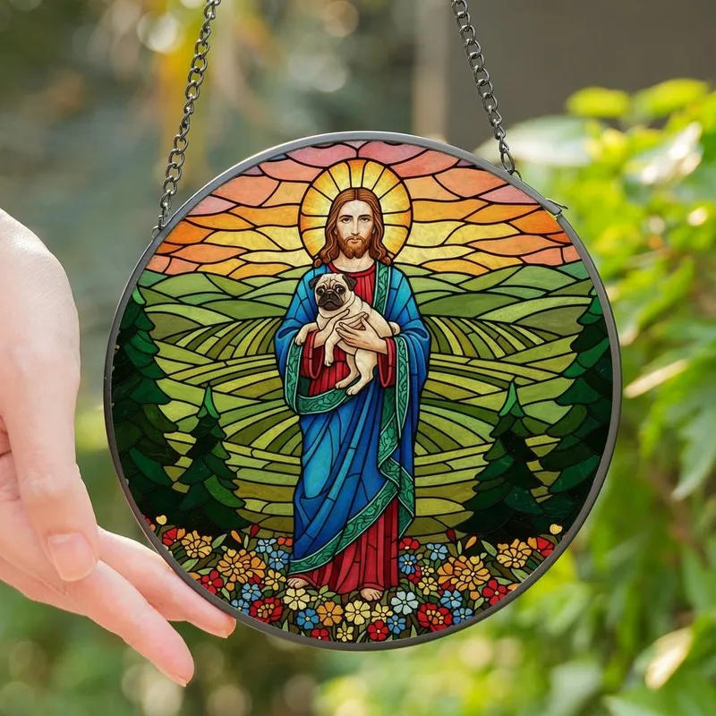 Spiritual Pet Parents' Tiffany Stained Glass Jesus Pug Dog Golden Halo Wildflowers Evergreen Hills Mosaic Stained Glass Suncatcher - SxQ21kt1GT