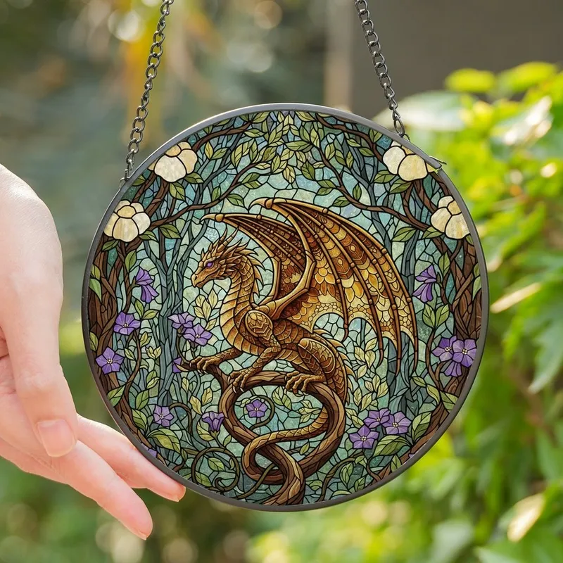 Fantasy Art Lovers' Majestic Stained Glass Dragon Forest Jewel Tones Golden Amber Violet Design Stained Glass Suncatcher - 1