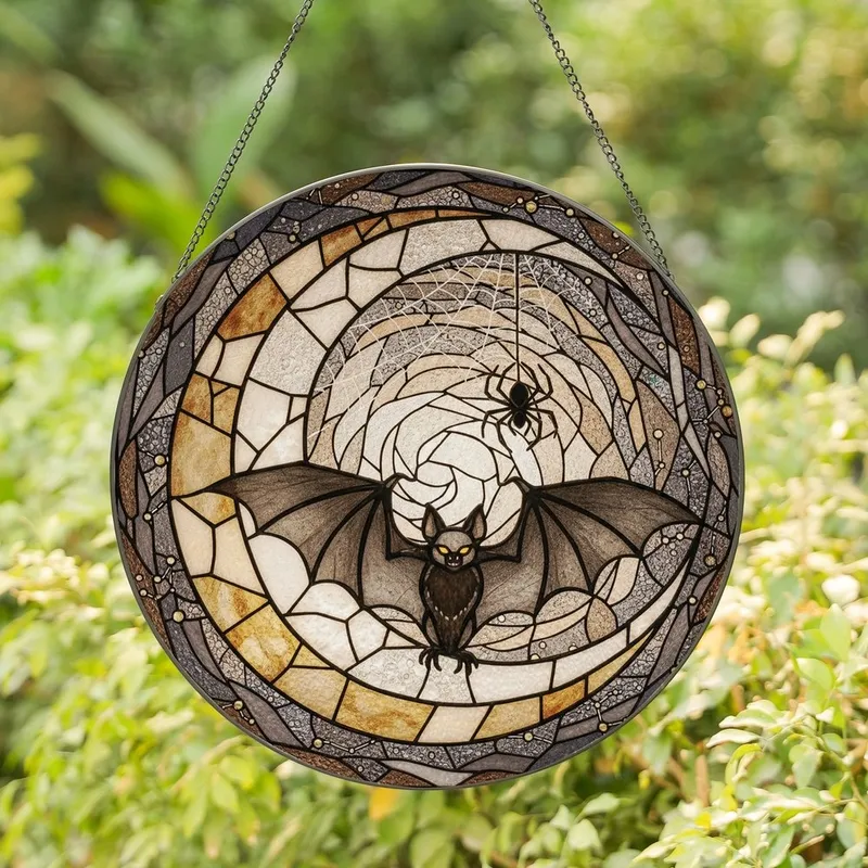 Gothic Art Lovers' Intricate Stained Glass Moon Bat Spiderweb Twilight Amber Jewel Tones Stained Glass Suncatcher - 0_wV3Pof73