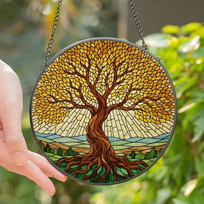 Nature Lovers' Radiant Stained Glass Tree of Life Golden Amber Green Blue Mosaic Art Stained Glass Suncatcher - 1
