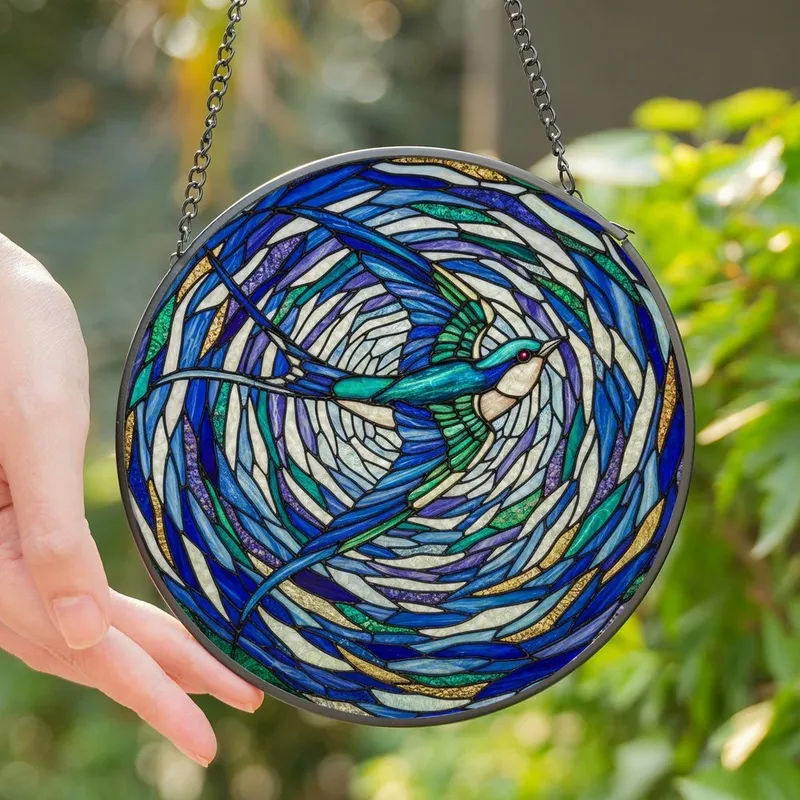 Art Lovers' Detailed Tiffany Stained Glass Soaring Swallow Iridescent Jewel Tone Sky Mosaic Stained Glass Suncatcher - QS8PA1ILek
