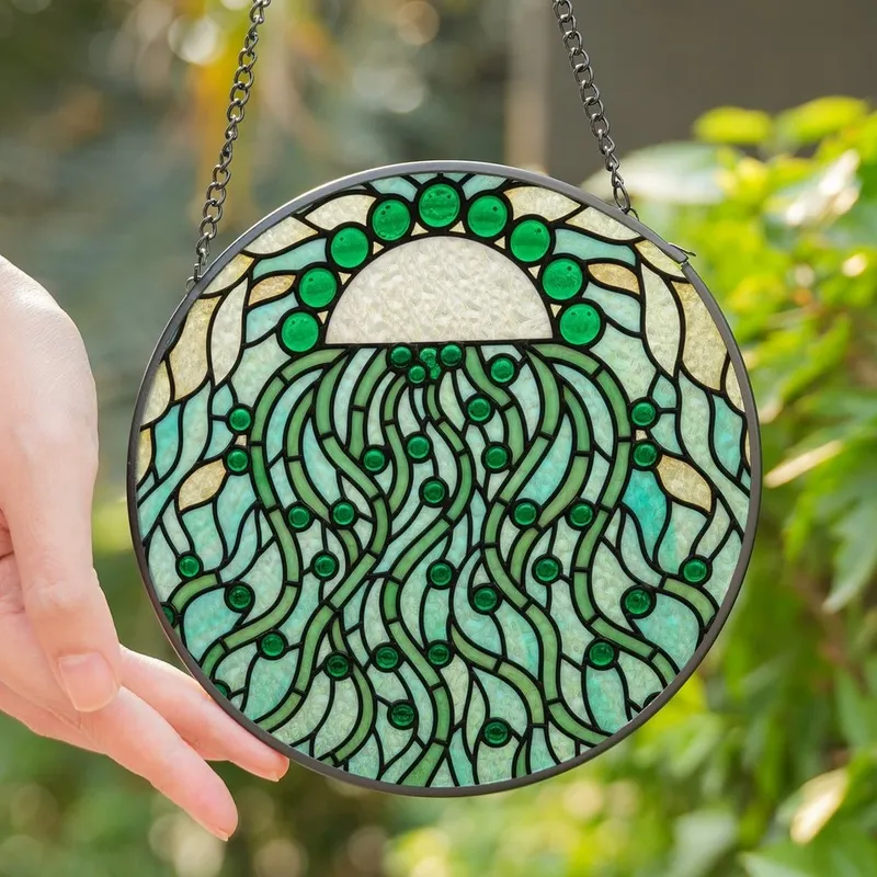 Art Lovers' Intricate Emerald Green Stained Glass Cascading Plant Tendrils Dappled Light Mosaic Stained Glass Suncatcher - swp1e3yNcP