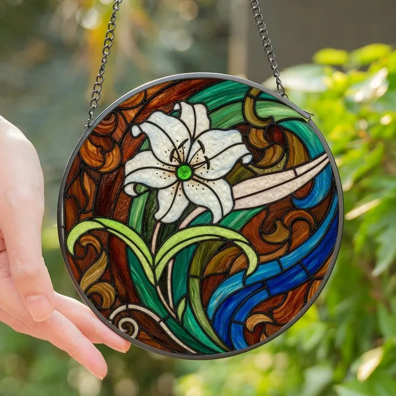 Women's Glowing White Lily Green Pink Copper Stained Glass Art Nouveau Mosaic Stained Glass Suncatcher - 1