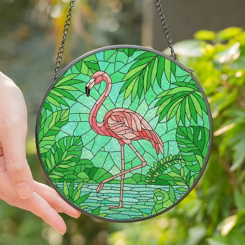 Art Lovers' Vibrant Stained Glass Flamingo Lush Tropical Mosaic Pink Green Yellow Stained Glass Suncatcher - 1