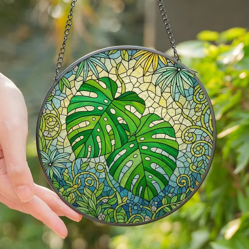 Nature Art Lovers' Jewel Tone Stained Glass Monstera & Tropical Jungle Canopy Mosaic Pattern Stained Glass Suncatcher - 1