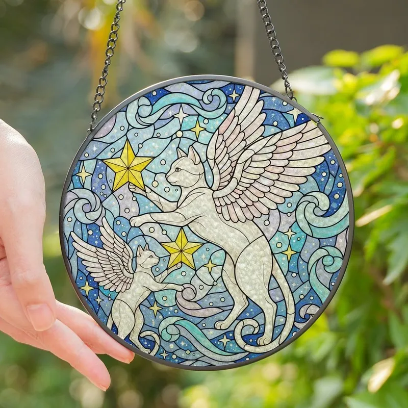 Cat Lovers' Tiffany Stained Glass Winged Cat & Star Celestial Iridescent Art Stained Glass Suncatcher - 1