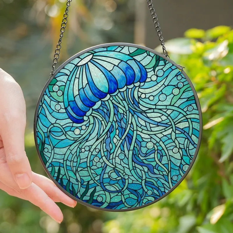 Ocean Enthusiasts' Detailed Tiffany Stained Glass Jellyfish Aquamarine Sapphire Blue Underwater Mosaic Pattern Stained Glass Suncatcher - 1