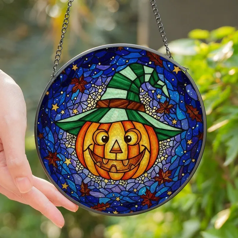 Halloween Enthusiasts' Tiffany Style Jack-o'-lantern Mystical Orange Green Mosaic Pattern Stained Glass Suncatcher - 1