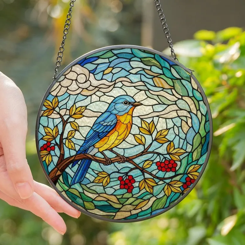 Nature Lovers' Vibrant Tiffany Stained Glass Bluebird Golden Leaves Red Berries Intricate Mosaic Stained Glass Suncatcher - yUPX3dGpvD
