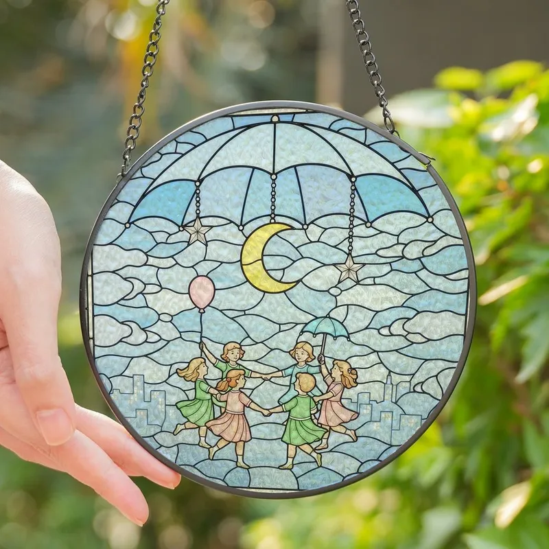Dreamy Art Adorers' Tiffany-Style Stained Glass Whimsical Childlike Figures Sky Blue Cloud Mosaic Moon Stars Stained Glass Suncatcher - 1