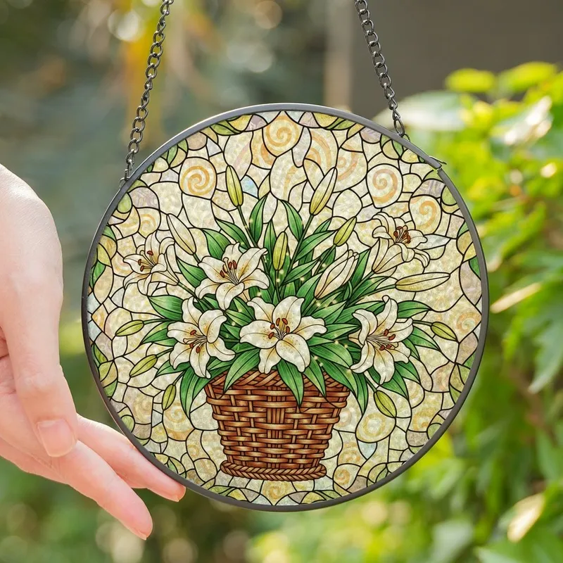Art Lovers' Vibrant Tiffany Stained Glass Lilies Emerald Green Golden Brown Floral Mosaic Stained Glass Suncatcher - 1