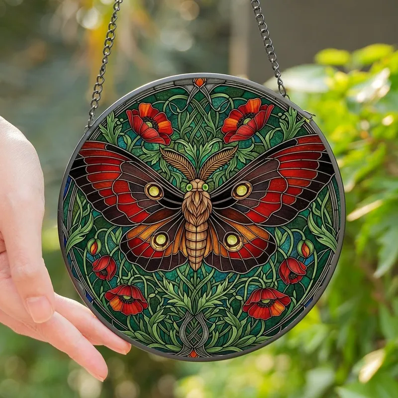 Art Lovers' Highly Detailed Stained Glass Moth Poppies Emerald Sapphire Art Nouveau Swirling Mosaic Stained Glass Suncatcher - lmzp0ZQp_C